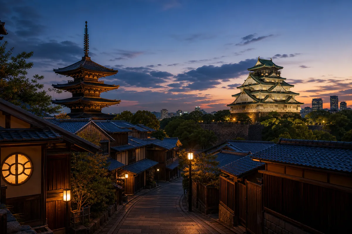Kyoto pagoda and Osaka Castle at dusk