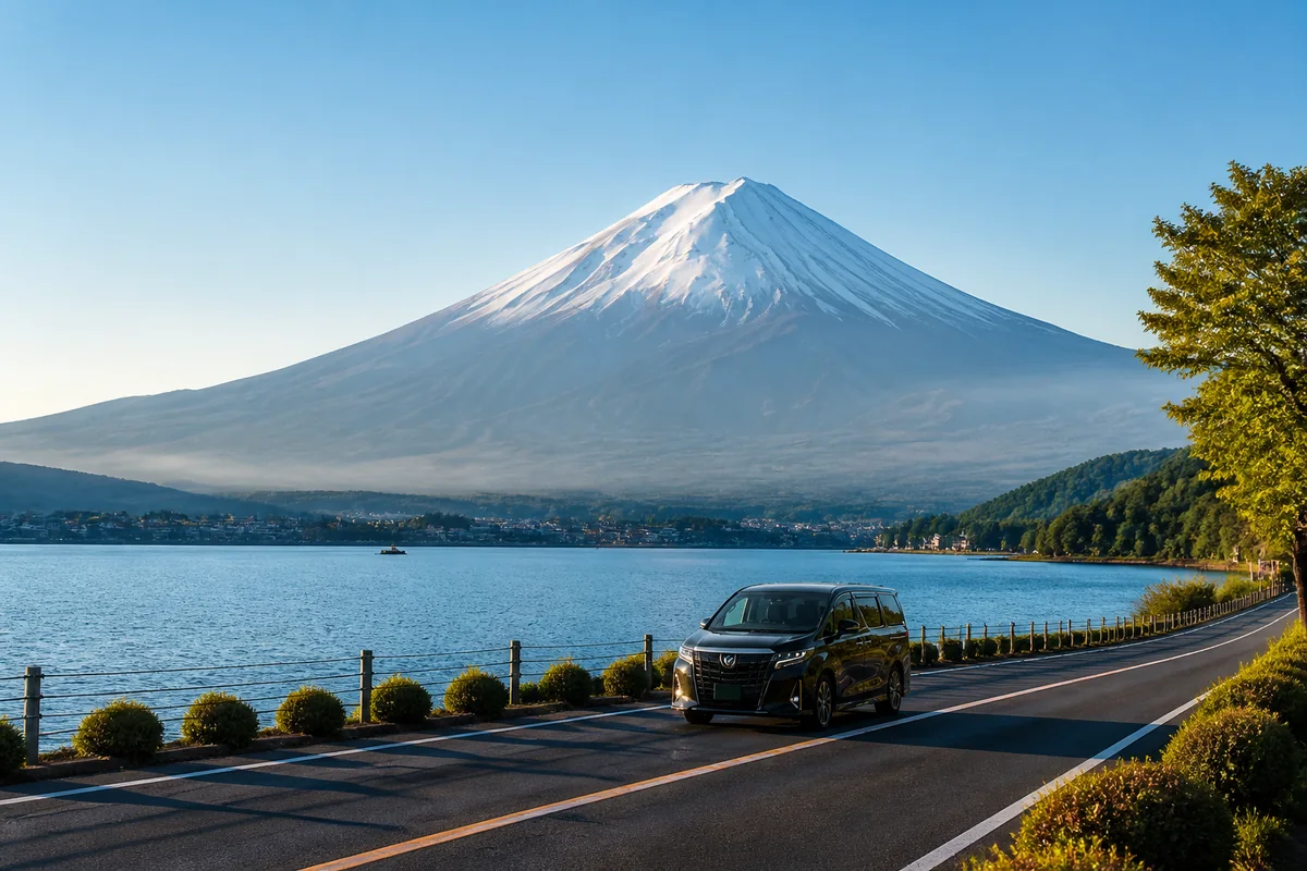 Private day tour vehicle beside Mount Fuji