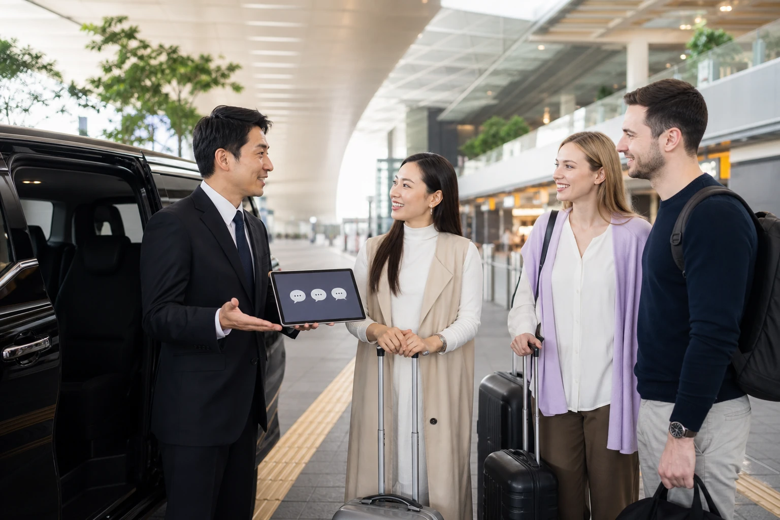 Multilingual chauffeur assisting international guests at a Japanese airport