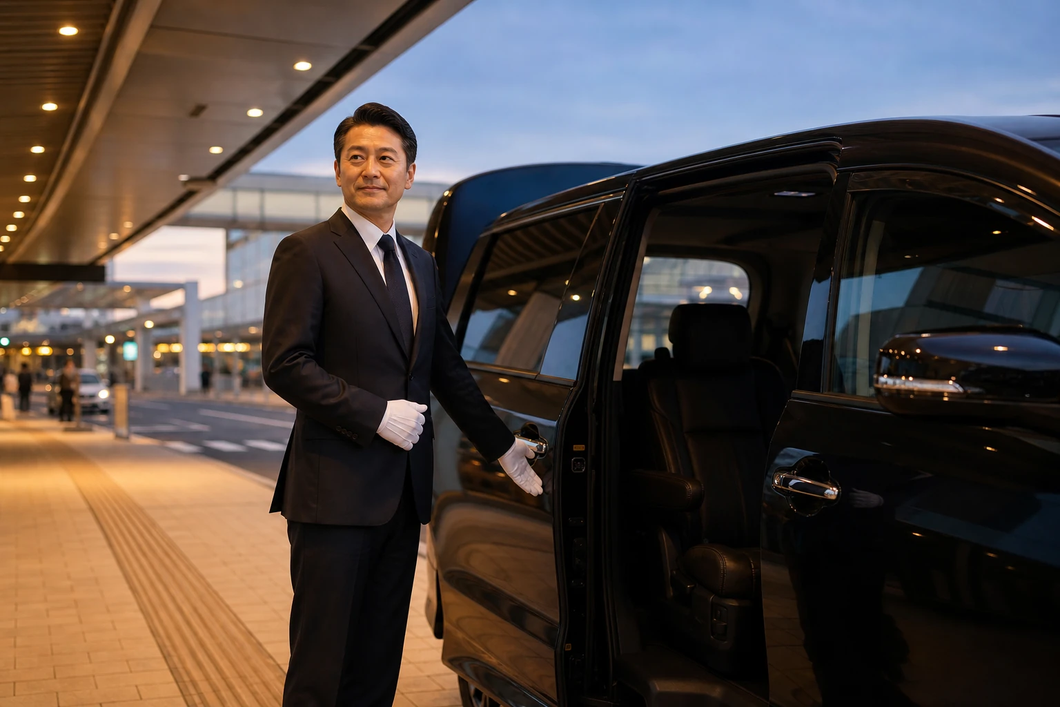 Professional chauffeur welcoming a guest beside a luxury vehicle